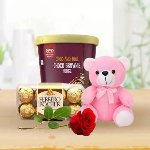 Delicious Kwality Walls Choco Brownie Ice Cream N Ferrero Rocher with Teddy n Rose