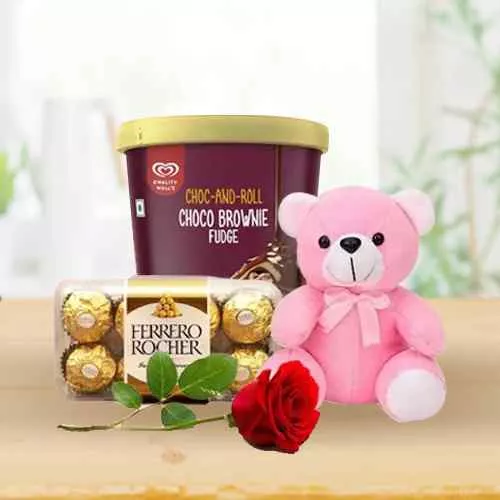 Get Kwality Walls Choco Brownie Ice Cream N Ferrero Rocher with Teddy n Rose