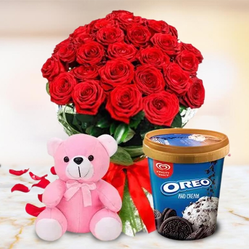 Luscious Kwality Walls Oreo n Cream Ice Cream with Red Roses Bouquet n Teddy
