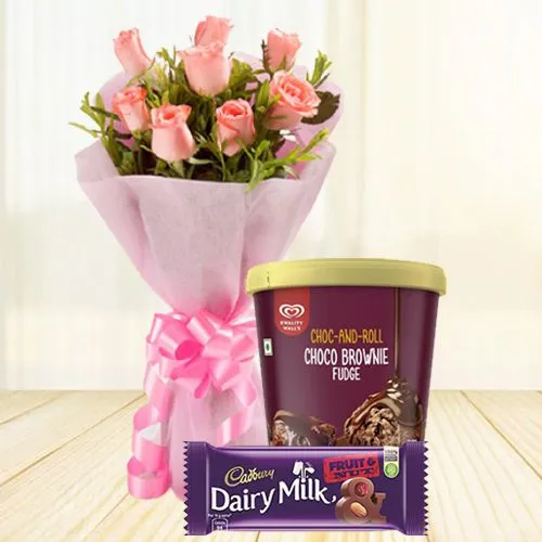 Sending Kwality Walls Choco Brownie Ice Cream n Pink Roses with Cadbury Chocolates