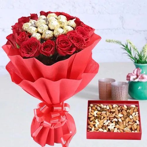 Order Dry Fruits Box with Combo of Red Roses n Ferrero Rocher Bouquet