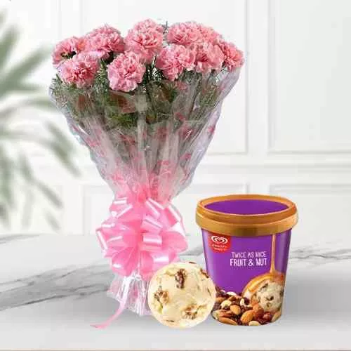 Send Pink Carnations Bouquet with Fruit n Nut Ice-Cream from Kwality Walls