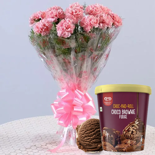 Bright Pink Carnations Bouquet with Choco Brownie Fudge Ice Cream from Kwality Walls
