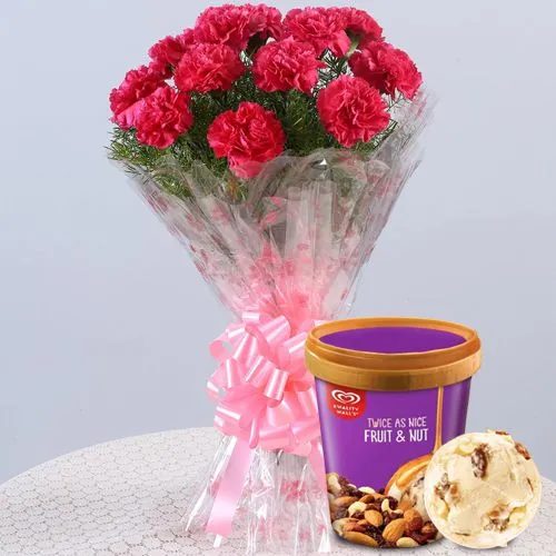 Deliver Red Carnations Bouquet with Fruit n Nut Ice-Cream from Kwality Walls