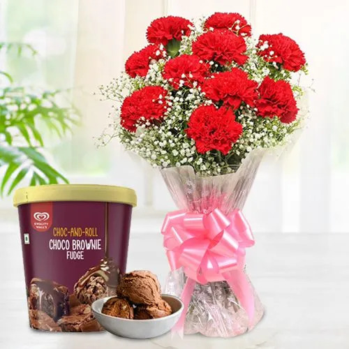 Shop Red Carnations with Choco Brownie Fudge Ice Cream from Kwality Walls