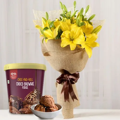 Send Yellow Lilies with Choco Brownie Fudge Ice Cream from Kwality Walls