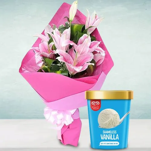 Shop Blushing Pink Lilies Bouquet with Vanilla Ice Cream from Kwality Walls