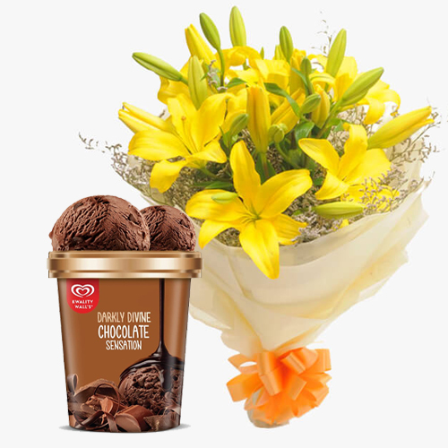 Ship Yellow Lilies with Chocolate Ice-Cream