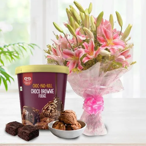 Order Pink Lilies Bouquet with Choco Brownie Fudge Ice Cream from Kwality Walls