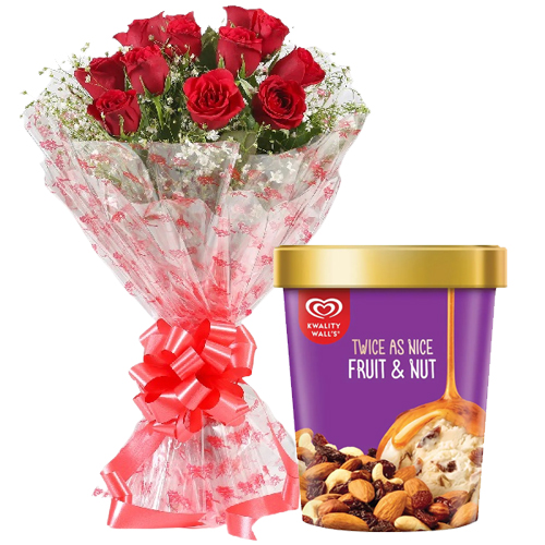 Shop Red Roses Bouquet with Fruit n Nut Ice-Cream from Kwality Walls