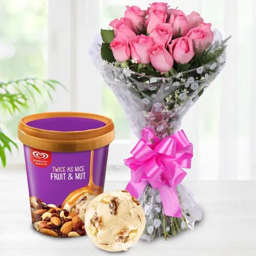 Deliver Pink Roses Bouquet with Fruit n Nut Ice-Cream from Kwality Walls