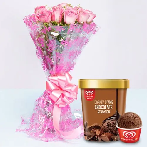 Get Pink Roses Bouquet with Chocolate Ice-Cream from Kwality Walls