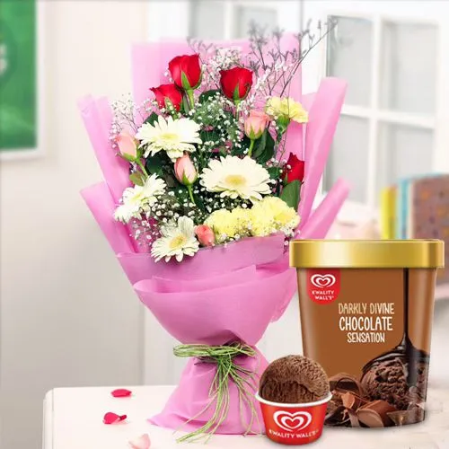 Send Mixed Flowers with Chocolate Ice-Cream from Kwality Walls