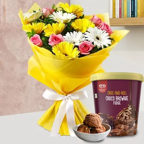 Deliver Mixed Flowers N Choco Brownie Fudge Ice Cream from Kwality Walls