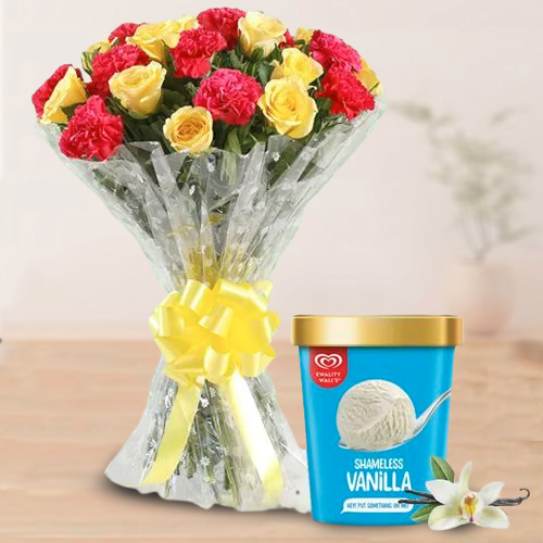 Radiant Mixed Flowers Arrangement with Vanilla Ice Cream from Kwality Walls