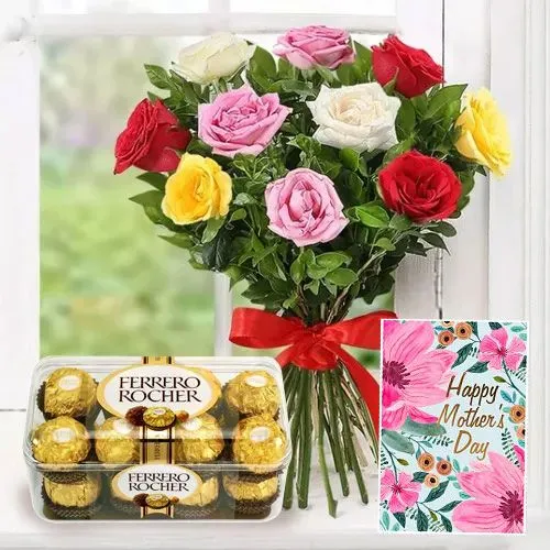 Delectable Ferrero Rocher with Mixed Roses Bouquet N Card for Mom