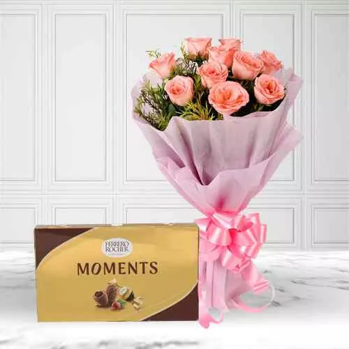 Graceful Pink Roses Bouquet n Ferrero Rocher Moments Chocolates