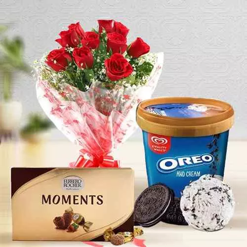 Fresh Red Roses Bouquet n Kwality Walls Ice Cream with Ferrero Rocher Moments