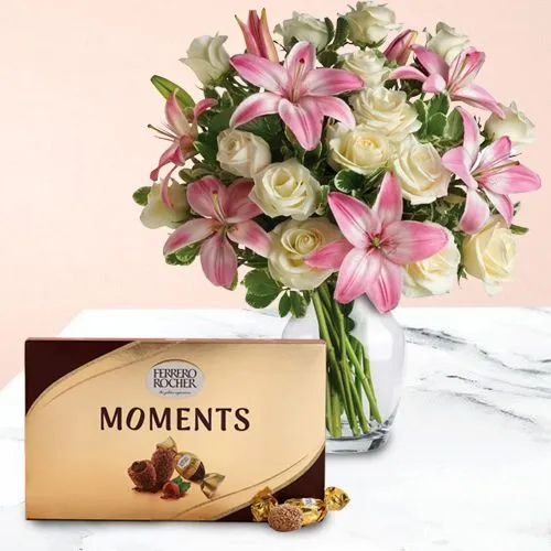 Charming Lilies n Roses in Glass Vase N Ferrero Rocher Moment