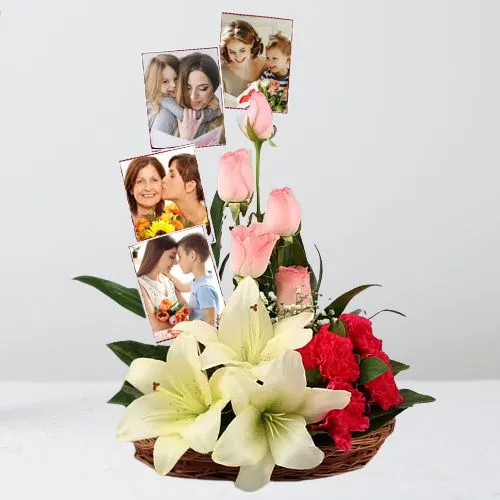 Shop Mixed Flowers N Personalized Photos Basket for Mom 