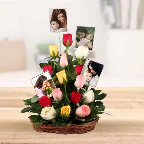 Impressive Mixed Roses Basket with Personalized Photos