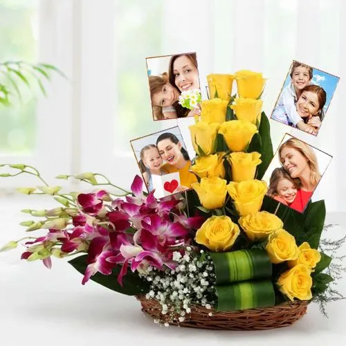 Send Orchids n Roses with Personalized Pics in Basket for Mom 