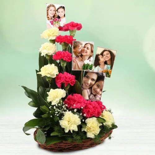 Deliver Red n Yellow Carnations n Personalized Photo Basket for Mom 