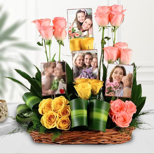 Sending Pink n Yellow Roses with Personalized Pics in Basket for Mom 