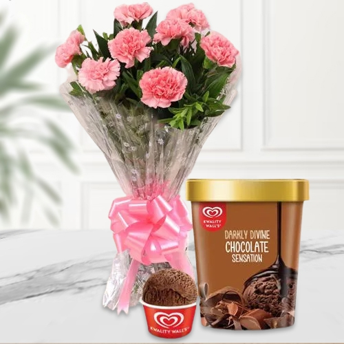 Beautiful Pink Carnation Bouquet with Kwality Walls Chocolate Ice Cream