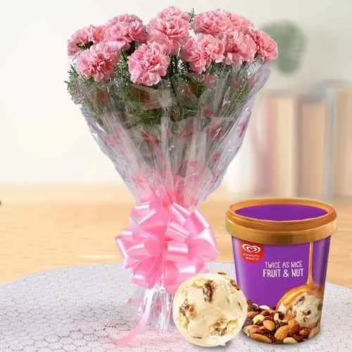 Dazzling Pink Carnation Bouquet with Kwality Walls Fruit n Nut Ice Cream