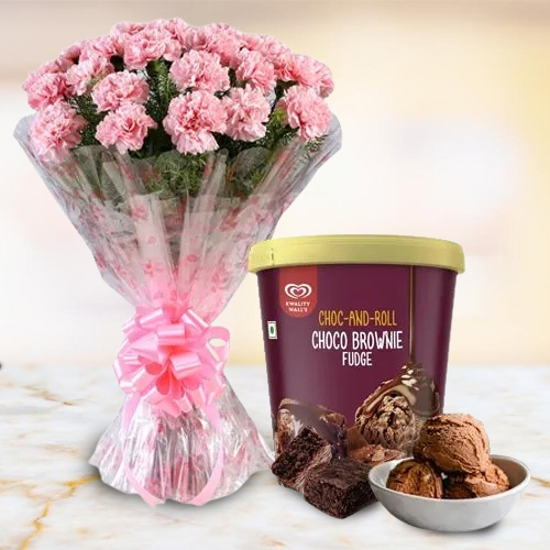 Deliver Pink Carnation Bouquet with Kwality Walls Choco Brownie Fudge Ice Cream