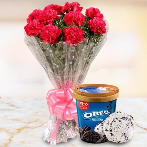Deliver Red Carnation Bouquet With Kwality Walls Oreo Ice Cream