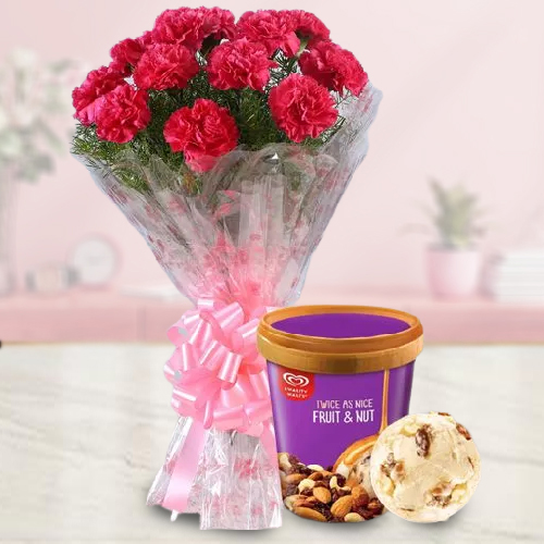 Book Red Carnation Bouquet with Kwality Walls Fruit n Nut Ice Cream Online