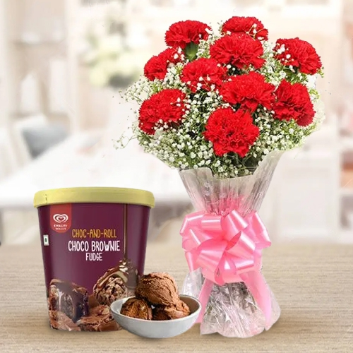 Beautiful Red Carnation Bouquet With Kwality Walls Choco Brownie Fudge Ice Cream