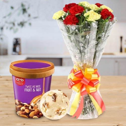 Deliver Mixed Carnation Bouquet with Fruit n Nut Ice-Cream from Kwality Walls