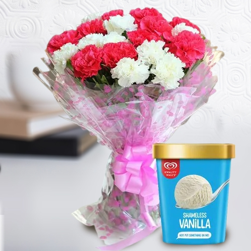 Shop Vanilla Ice Cream from Kwality Walls with Mixed Carnation Bouquet