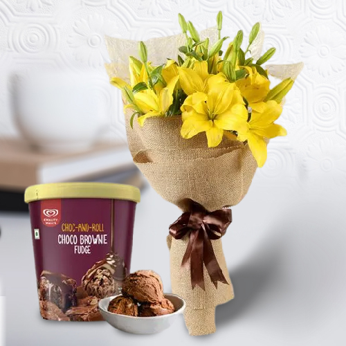 Book Yellow Lily Bouquet with Kwality Walls Choco Brownie Fudge Ice Cream