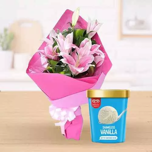 Ship Vanilla Ice Cream from Kwality Walls with Pink lily Bouquet