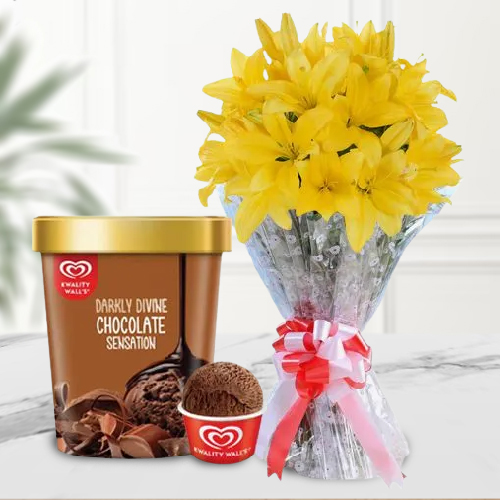 Dramatic Yellow Lily Bouquet with Chocolate Ice-Cream from Kwality Walls