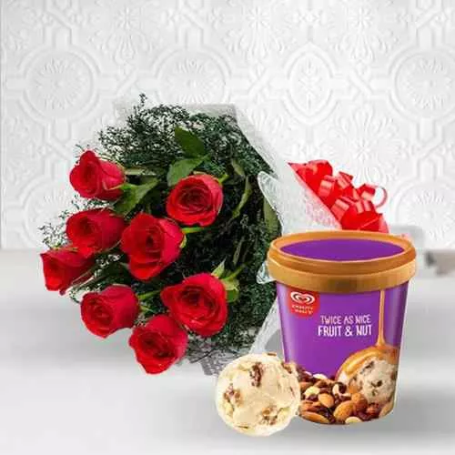 Send Red Roses Bouquet with Fruit n Nut Ice-Cream from Kwality Walls