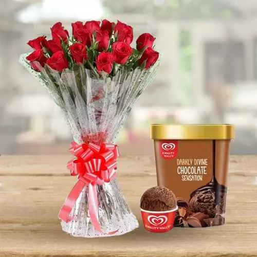 Deliver Red Rose Bouquet with Chocolate Ice-Cream from Kwality Walls