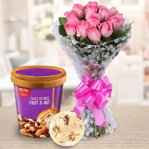 Send Pink Roses Bouquet with Fruit n Nut Ice-Cream from Kwality Walls