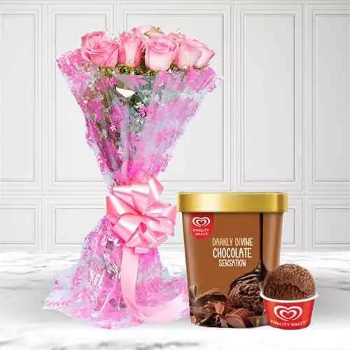 Delicate Bouquet of Pink Rose with Chocolate Ice-Cream from Kwality Walls