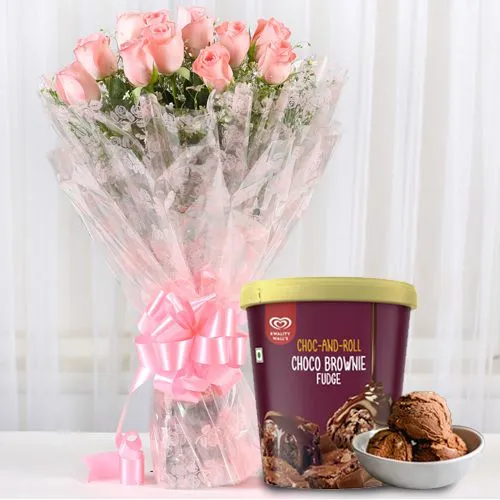 Deliver Pink Roses Bouquet with Choco Brownie Fudge Ice Cream from Kwality Walls