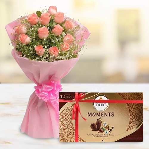 Elegant Pink Roses Bouquet with Ferrero Rocher Moment Chocolate Box