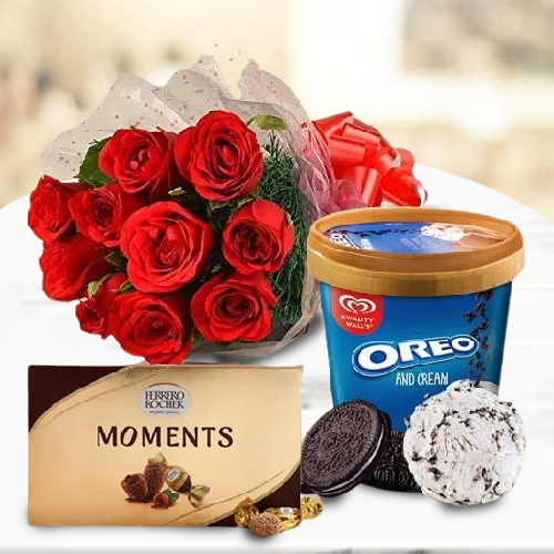 Exotic Red Roses with Kwality Walls Ice Cream N Ferrero Rocher Moments