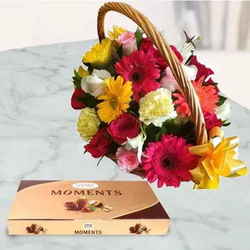 Impressive Basket of Mixed Flowers With Ferrero Rocher Moments