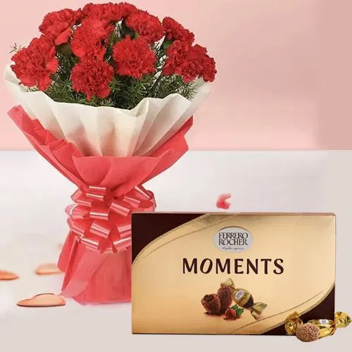 Majestic Red Carnations Bouquet with Ferrero Rocher Moments