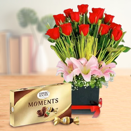 Alluring Red Roses n Pink Lilies Gift Box with Ferrero Rocher Moments