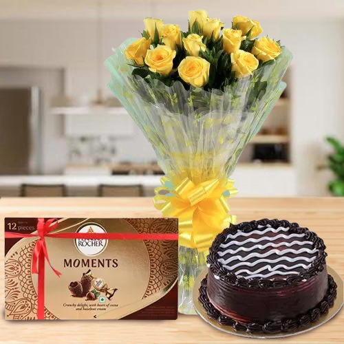 Tasty Chocolate Cake with Yellow Rose Bouquet N Ferrero Rocher Moments
